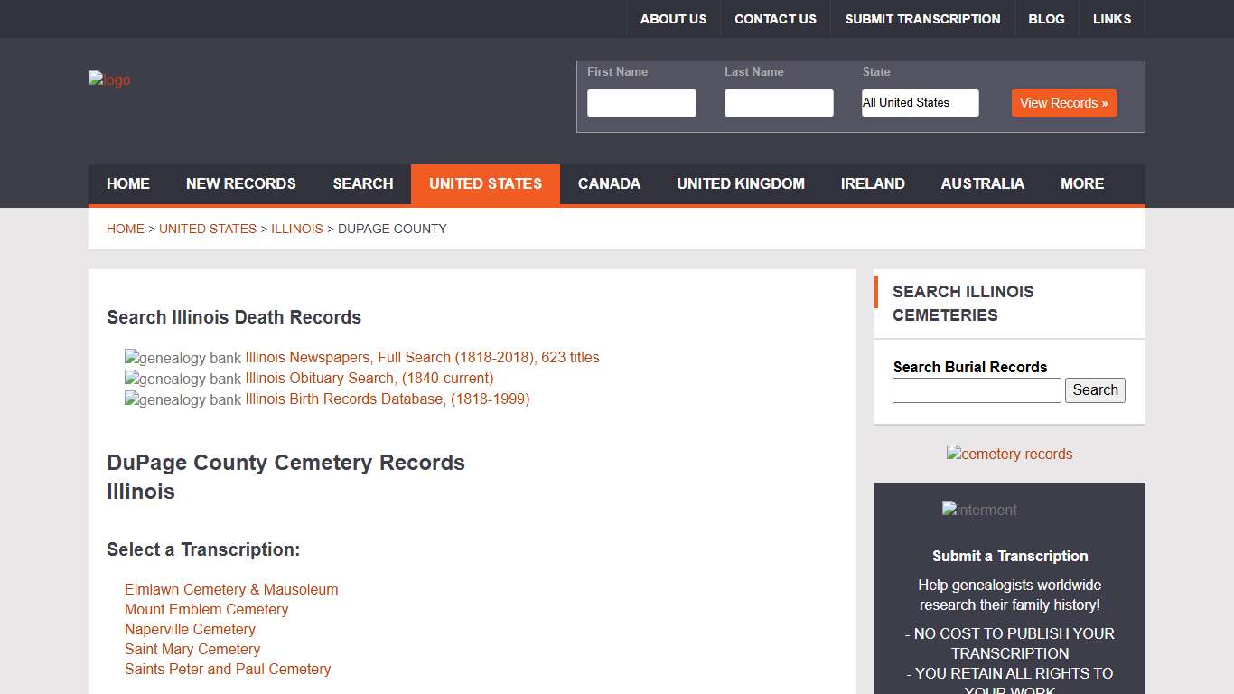 DuPage County Cemetery Records, Illinois Genealogy